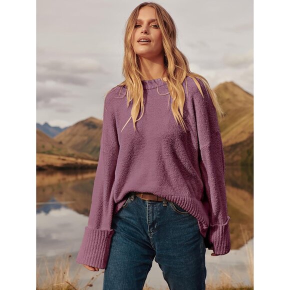 Womens Oversized Sweater Fuzzy Fuchsia Long Sleeve Casual Chunky Pullover Fall - Picture 6 of 9